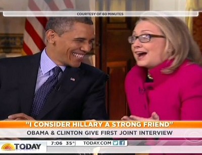 Obama and Clinton laugh